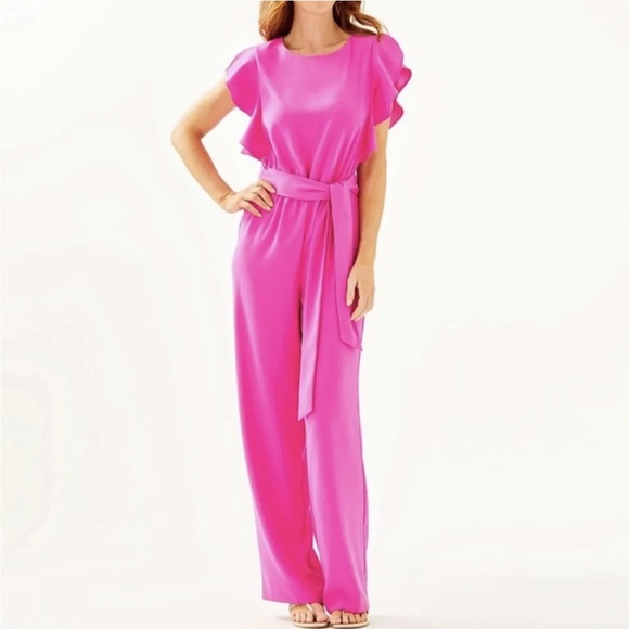Bougainvillea Pink Ruffle Neck Shoulder Jumpsuit New S Fuchsia Belt Wide Leg - Picture 1 of 5